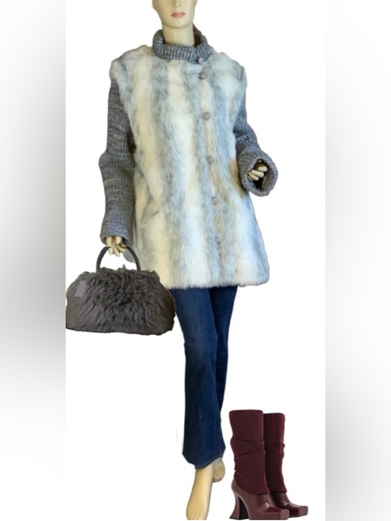Vintage 1980’s Cheyenne By Hillmoor Gray & White Faux Fur & Knit Coat (Xl)